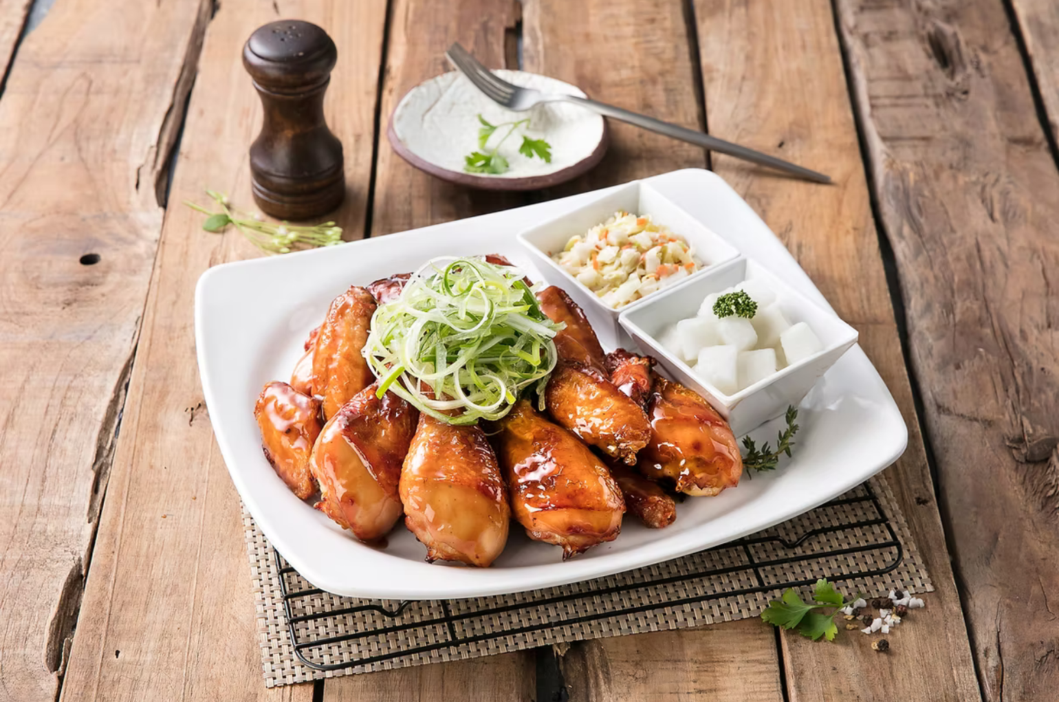 Variety of Korean side dishes and banchan in small bowls